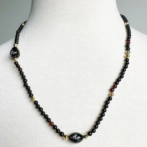 Vintage Necklace Black Glass Beads Floating Pink Flowers Gold Beads Costume
